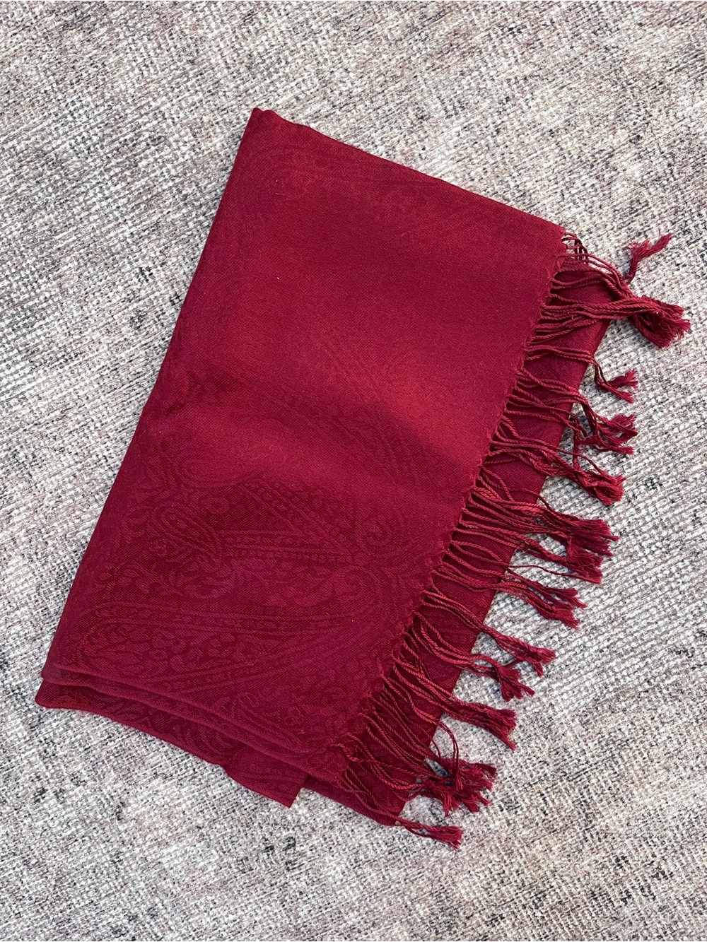Vintage Wool/Silk Fringed Tassel Paisley Shawl Scarf in Deep Red